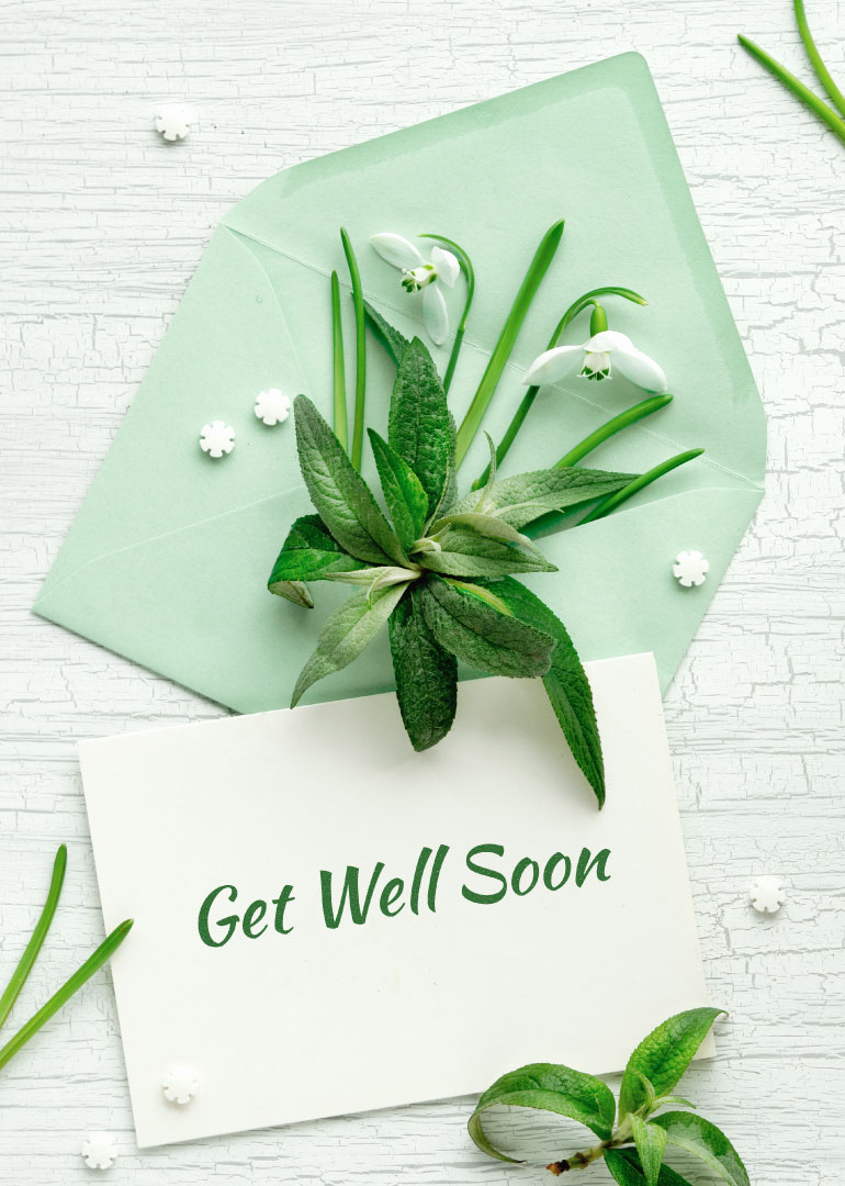 Get well soon card with green leaves and white snowdrop flowers on a light background
