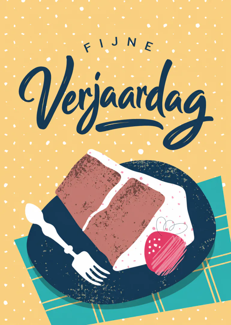 Geïllustreerde verjaardagskaart met de tekst ‘FIJNE Verjaardag’, een stuk taart, cupcake en vork op een bord.
