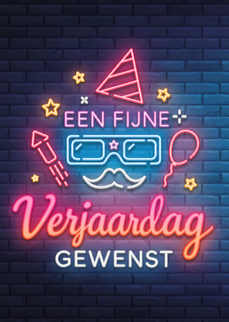 Donkere bakstenen muur met kleurrijke neonletters en feestelijke iconen voor een verjaardag.