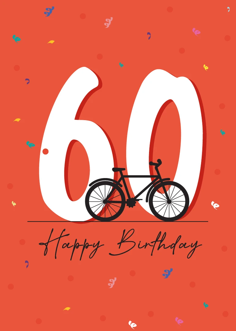 Orange birthday card with giant 60, bicycle illustration, confetti, and Happy Birthday text beneath shown.