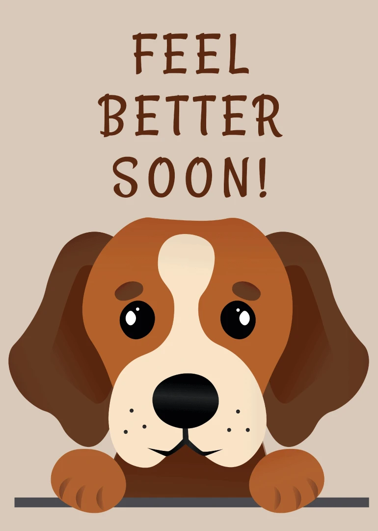 Sad puppy under feel better soon text on a beige background for get well wishes.
