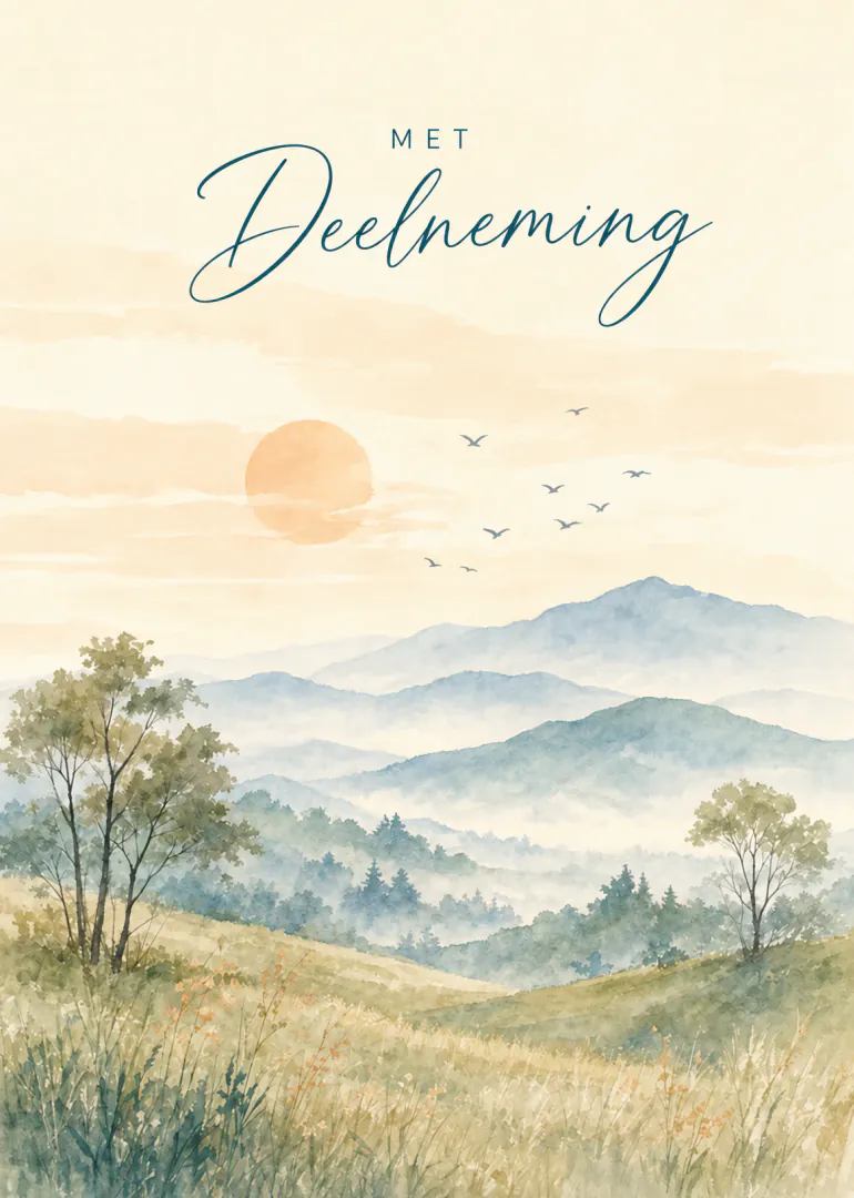 Staande kaart met de tekst ‘MET Deelneeming’ boven een zacht aquarellandschap met bergen, bomen, vogels en een lage zon.