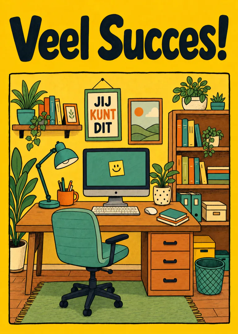 Gele kaart met de tekst ‘Veel Succes!’ boven een geïllustreerde, groene thuiswerkplek vol planten.