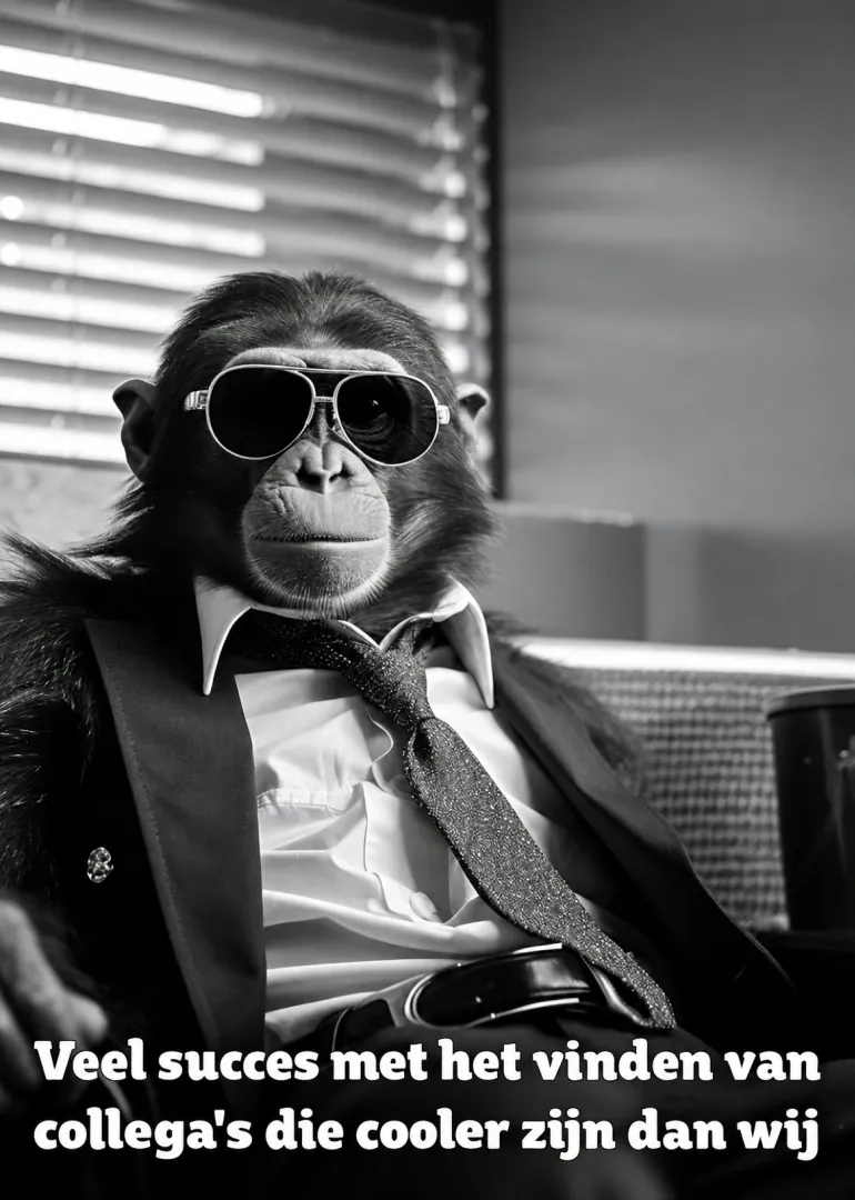 Zwart-witfoto van een chimpansee in pak met zonnebril en de tekst over coolere collega’s.