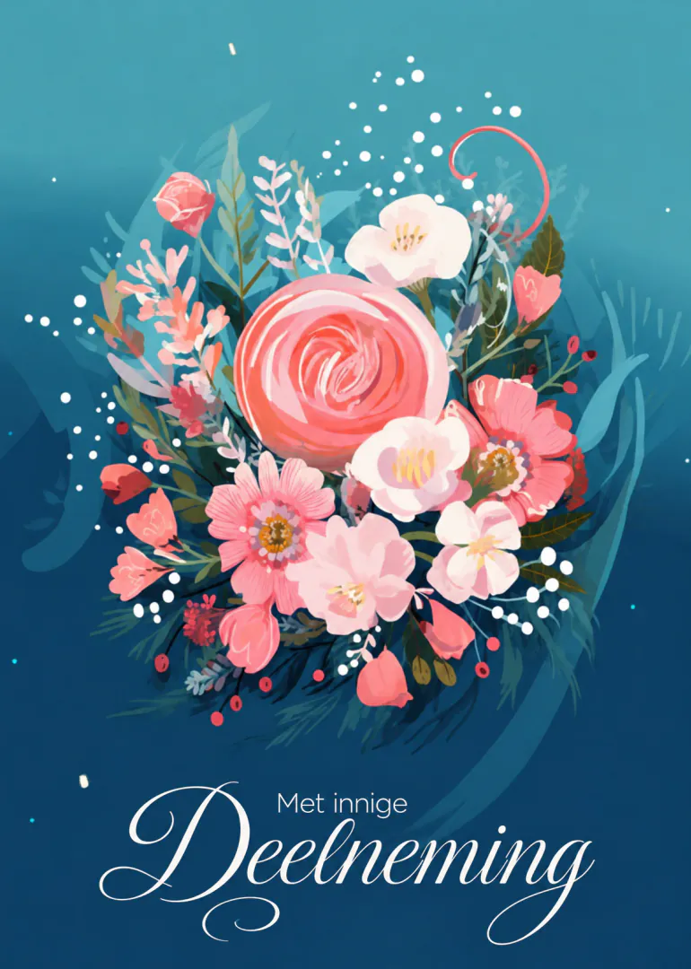 Rouwkaart met een weelderig boeket roze en witte bloemen op een diepblauwe achtergrond.