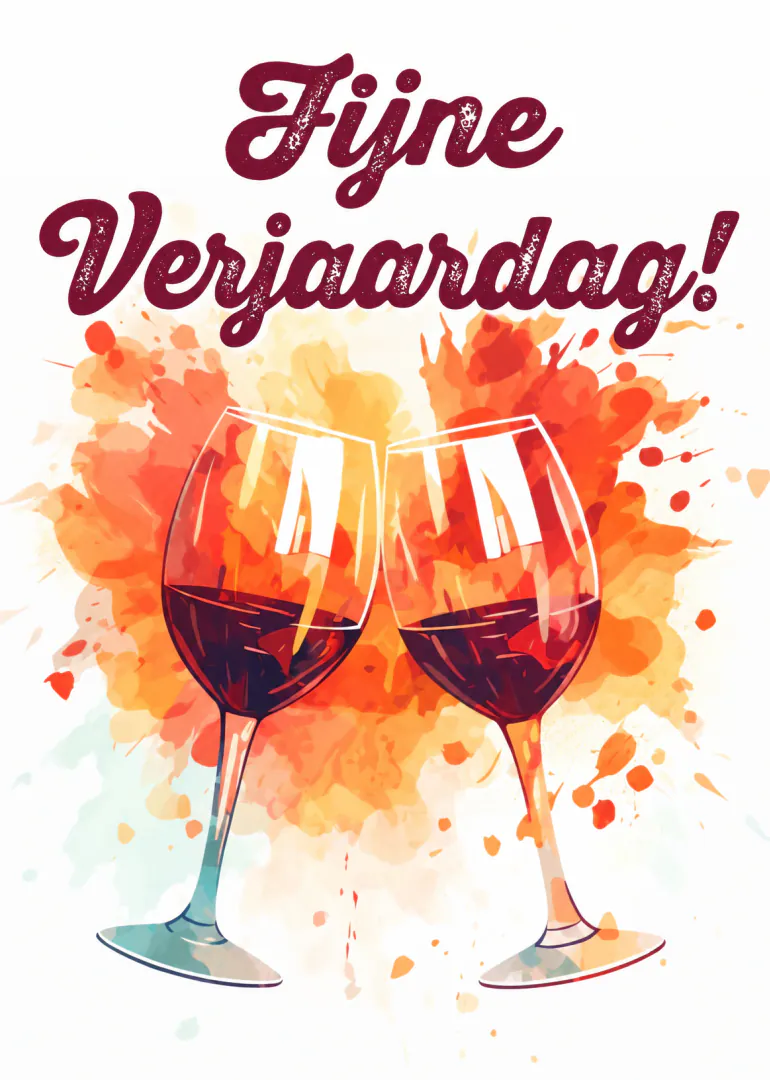 Kaart met twee wijnglazen, oranje verfspatten en de tekst ‘Fijne Verjaardag!’.