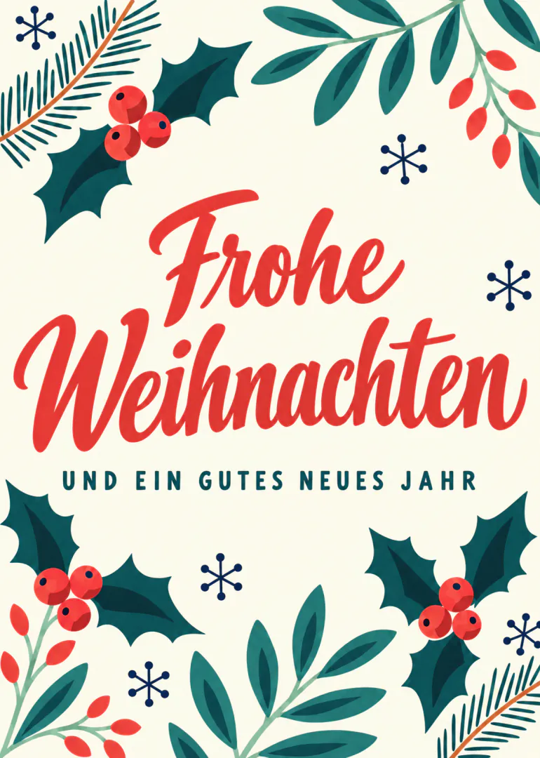Cremefarbene Weihnachtskarte mit roter Schrift, Stechpalmenzweigen, roten Beeren und Schneeflocken.