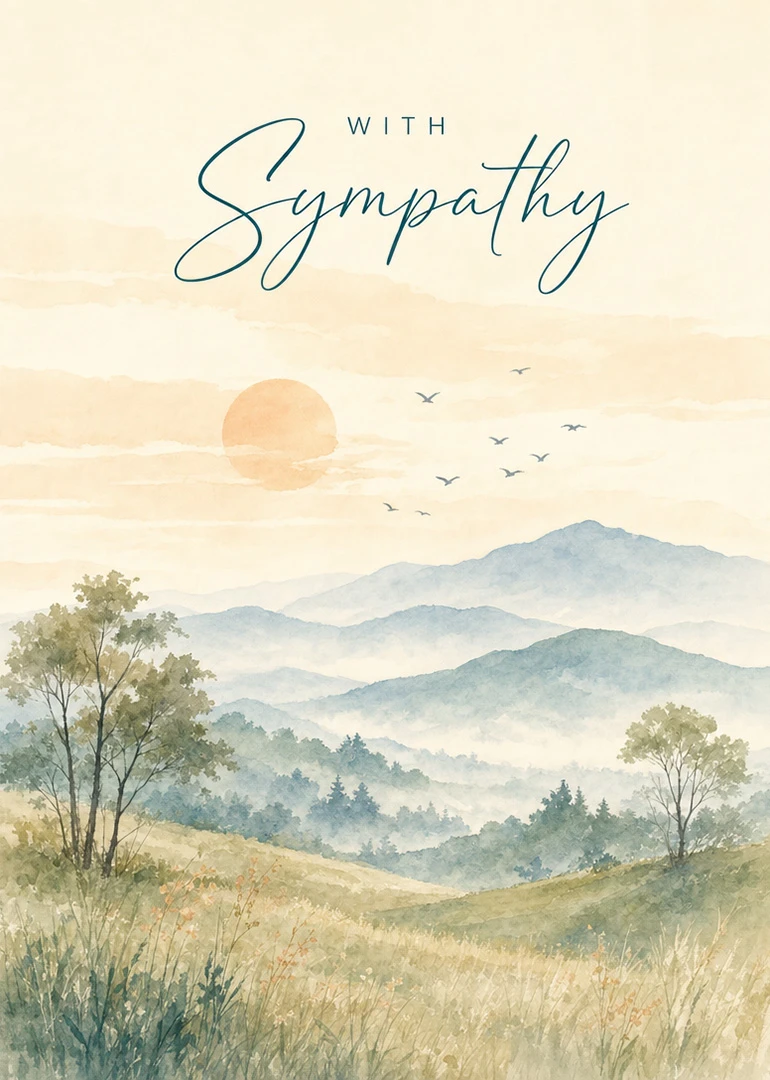 Watercolor landscape sympathy card with mountains, birds, sunrise, and the words With Sympathy in blue.