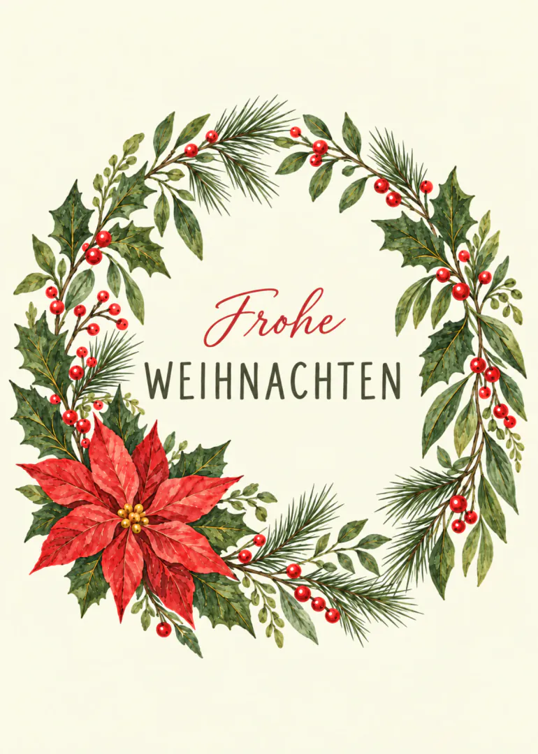 Cremefarbene Weihnachtskarte mit botanischem Kranz, rotem Weihnachtsstern und dem Schriftzug „Frohe Weihnachten“.