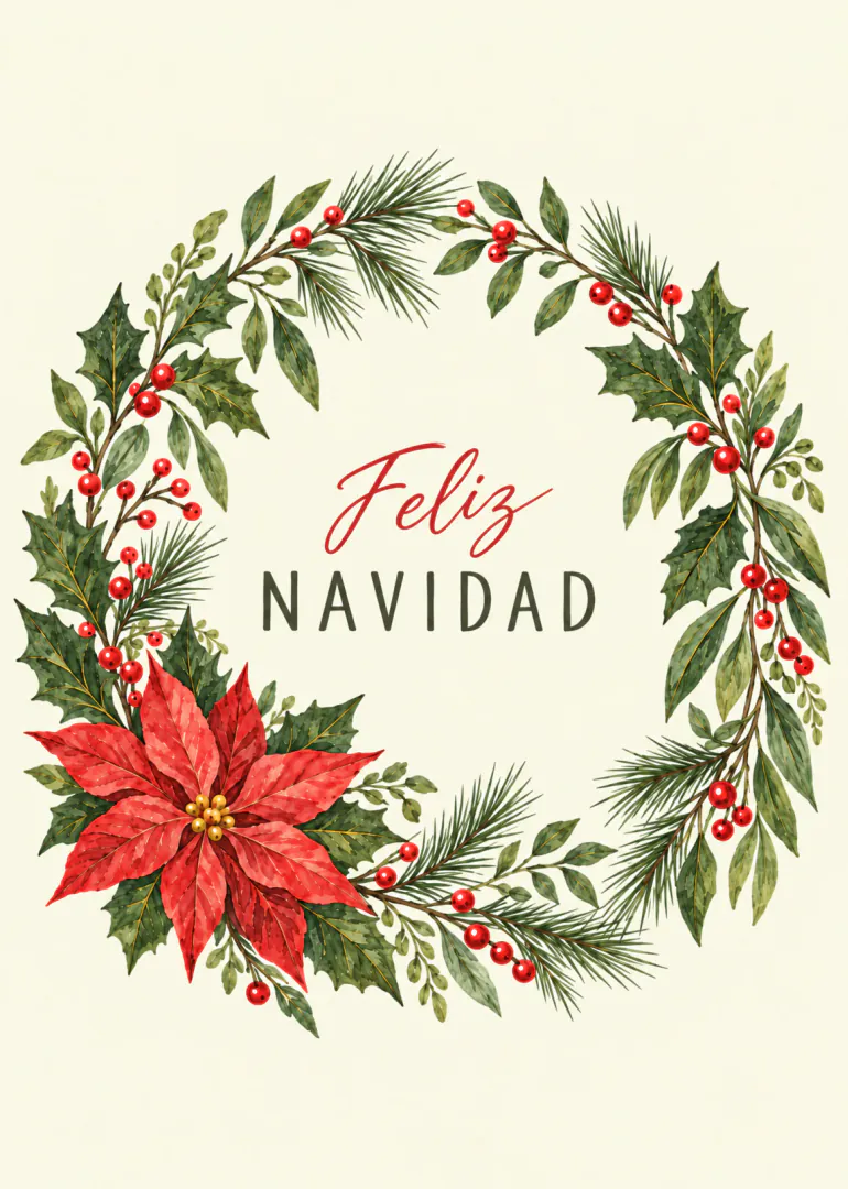 Tarjeta crema con una corona de hojas verdes, bayas rojas, ramas de pino y una flor de Pascua roja סביב el texto «Feliz NAVIDAD».