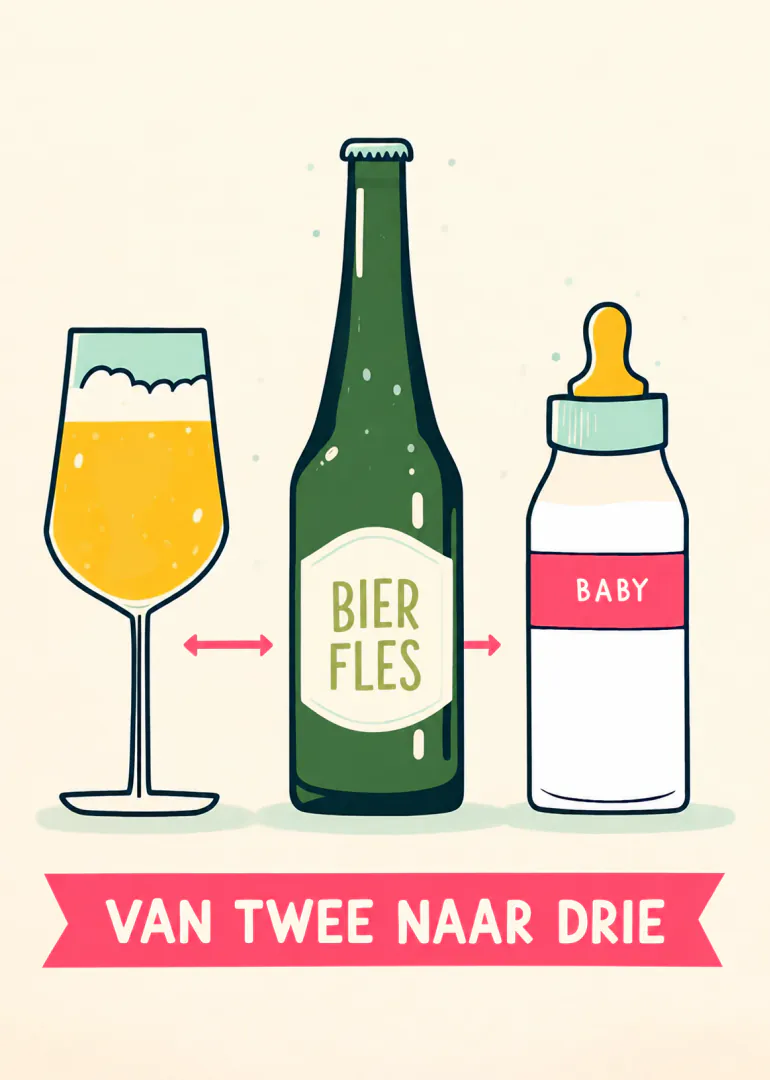 Illustratie van een bierglas, bierfles en babyfles met de tekst Van twee naar drie.