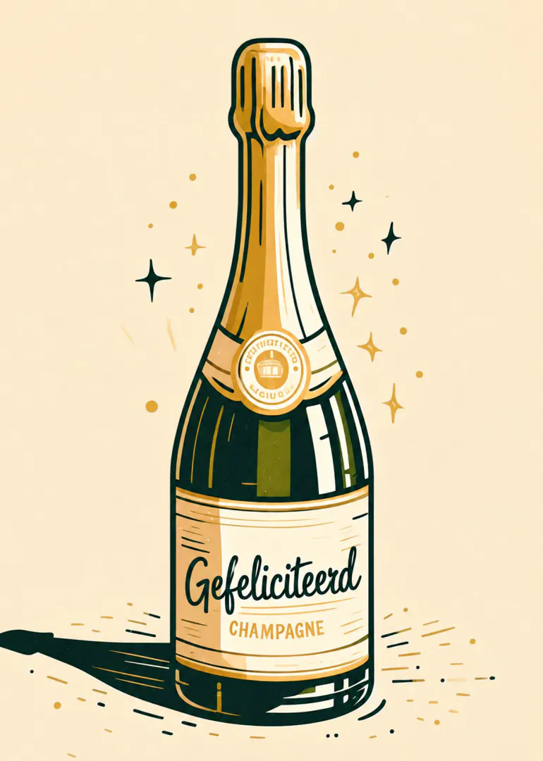 Geïllustreerde champagnefles met gouden accenten en de tekst ‘Gefeliciteerd Champagne’.