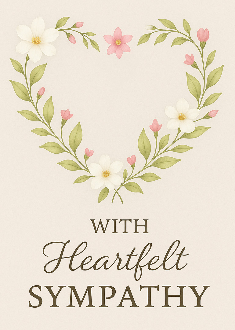Sympathy card with heart-shaped floral wreath and heartfelt message