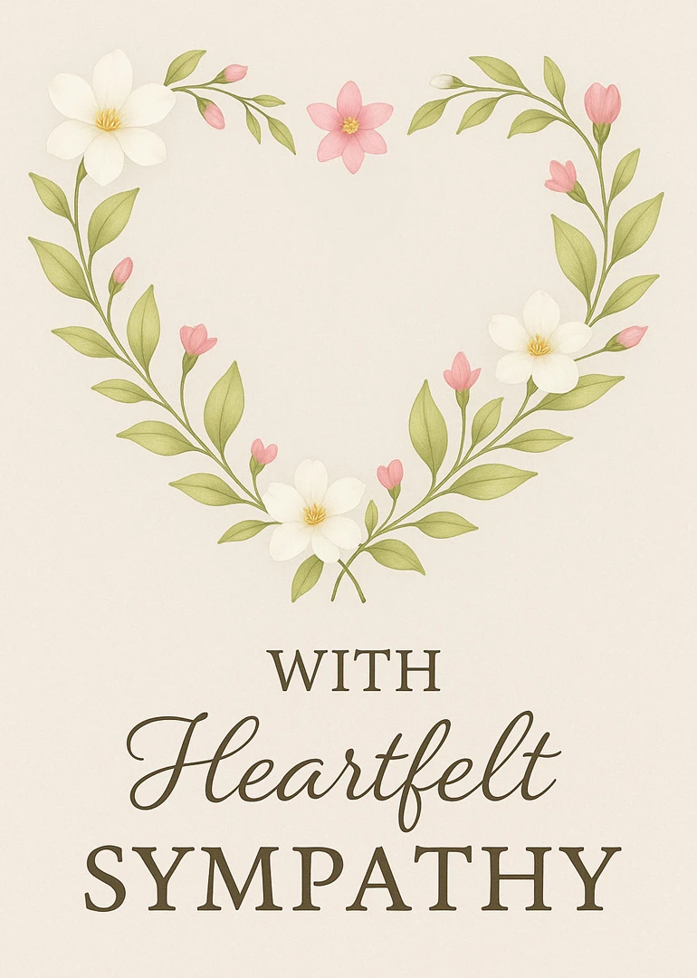 Soft floral heart wreath card with the words With Heartfelt Sympathy in elegant script style.