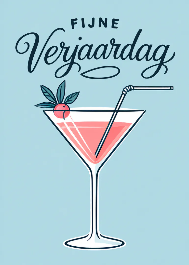 Lichtblauwe verjaardagskaart met sierlijke tekst, een roze cocktail en fruitgarnituur.