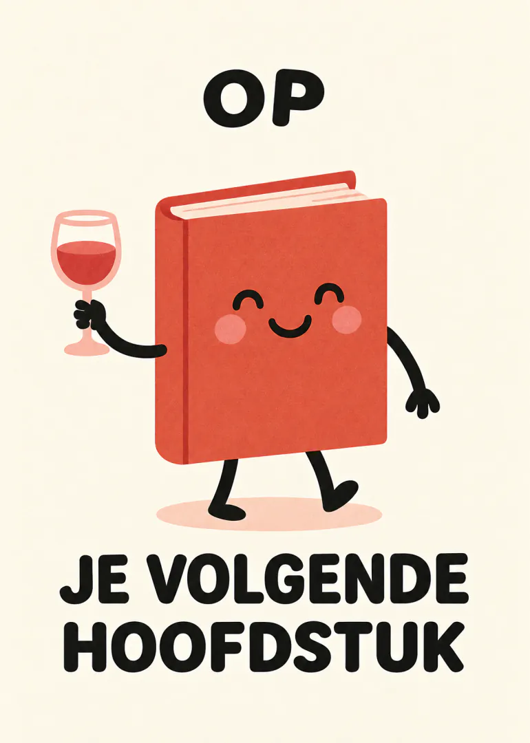 Crèmekleurige kaart met een lachend rood boek dat een glas rode wijn vasthoudt en de tekst ‘OP JE VOLGENDE HOOFDSTUK’.
