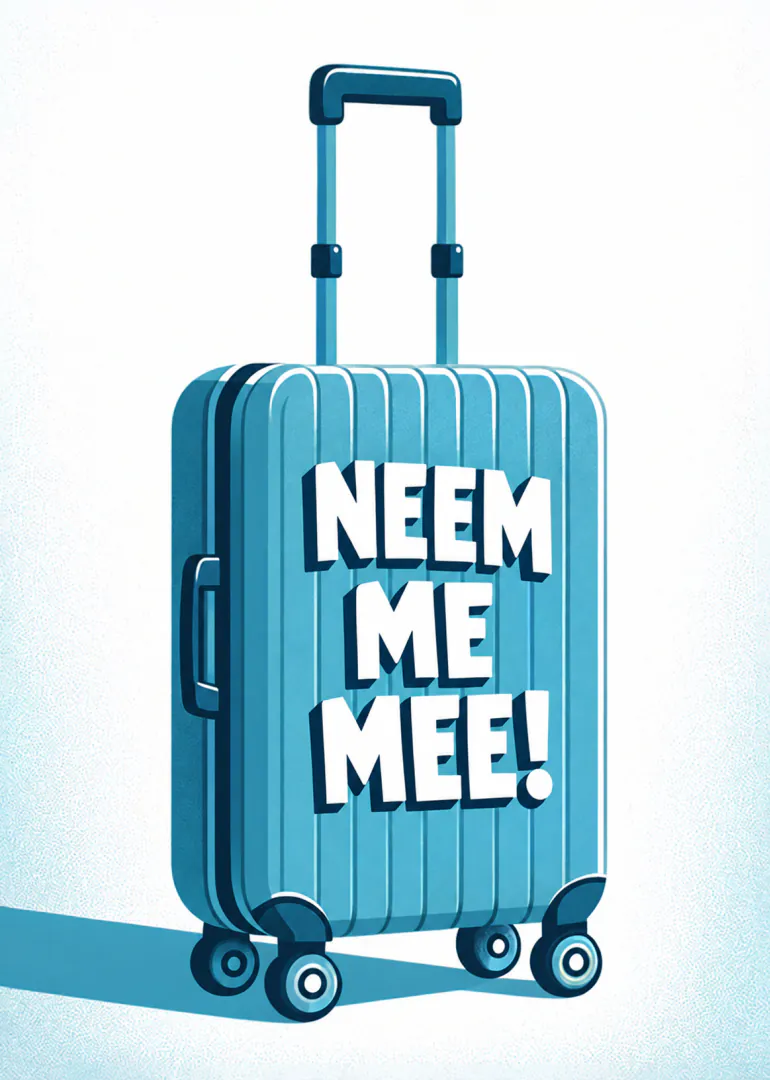 Illustratie van een turquoise rolkoffer met de tekst ‘NEEM ME MEE!’ op een witte achtergrond.