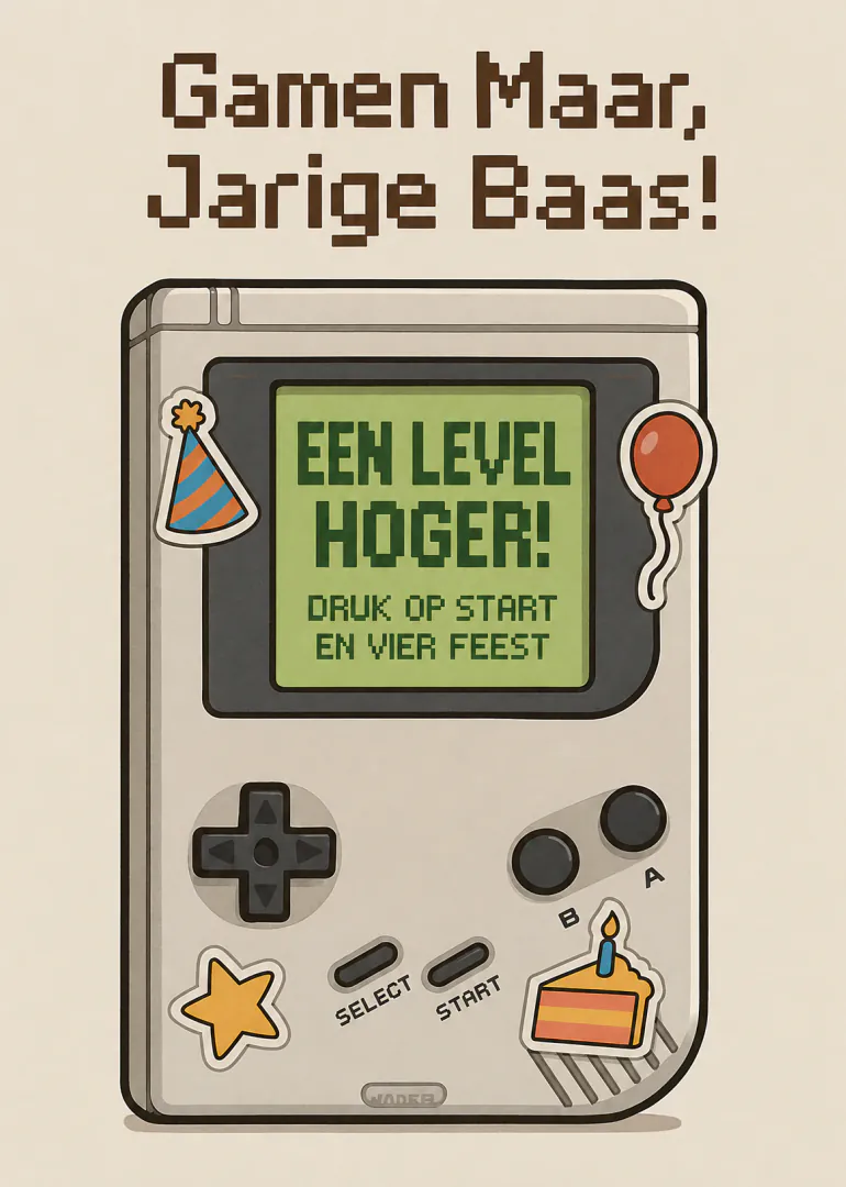 Retro spelconsole met feesthoed, ballon en taart, met een Nederlandse verjaardagsboodschap.