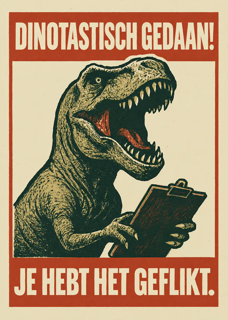 Vintage kaart met een brullende T-rex met klembord en de tekst: Dinotastisch gedaan! Je hebt het geflikt.