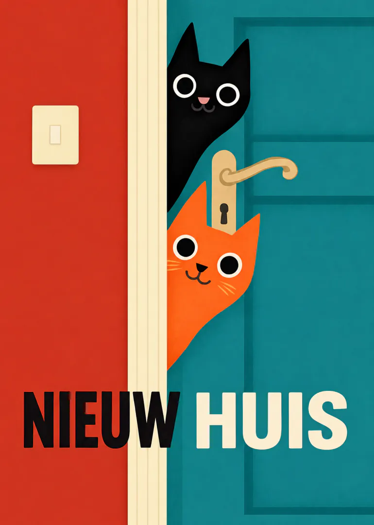 Grafische kaart met een zwarte en oranje kat die achter een open deur kijken, met de tekst ‘NIEUW HUIS’.