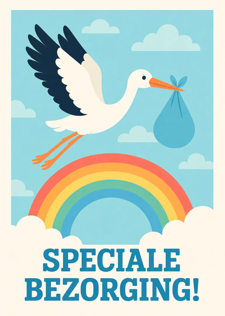 Illustratie van een ooievaar met blauw pakketje die over een regenboog vliegt, met de tekst ‘SPECIALE BEZORGING!’