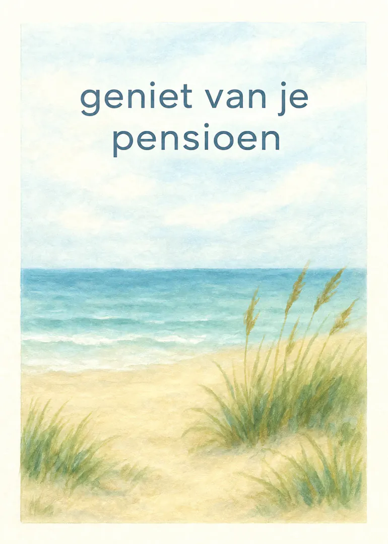 Pensioenkaart met de tekst "geniet van je pensioen" boven een geschilderd strand met zee en duingras.