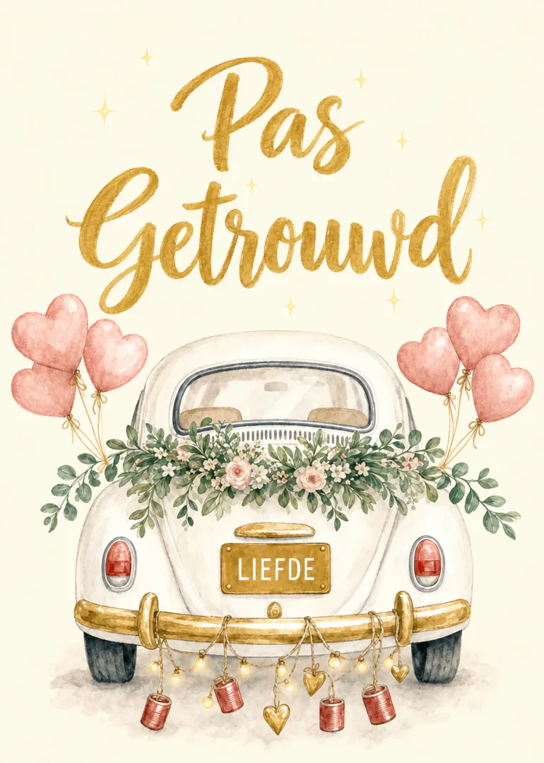 Romantische kaart met een witte vintage auto, bloemen, roze hartballonnen en de tekst ‘Pas Getrouwd’.