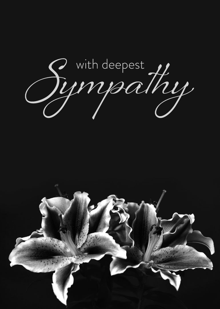 Black and white sympathy card with elegant lilies and heartfelt message