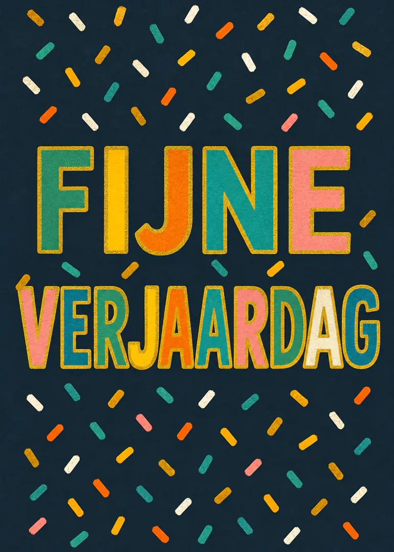 Donkerblauwe kaart met de tekst FINNE VERJAARDAG in kleurrijke blokletters en verspreide confetti.