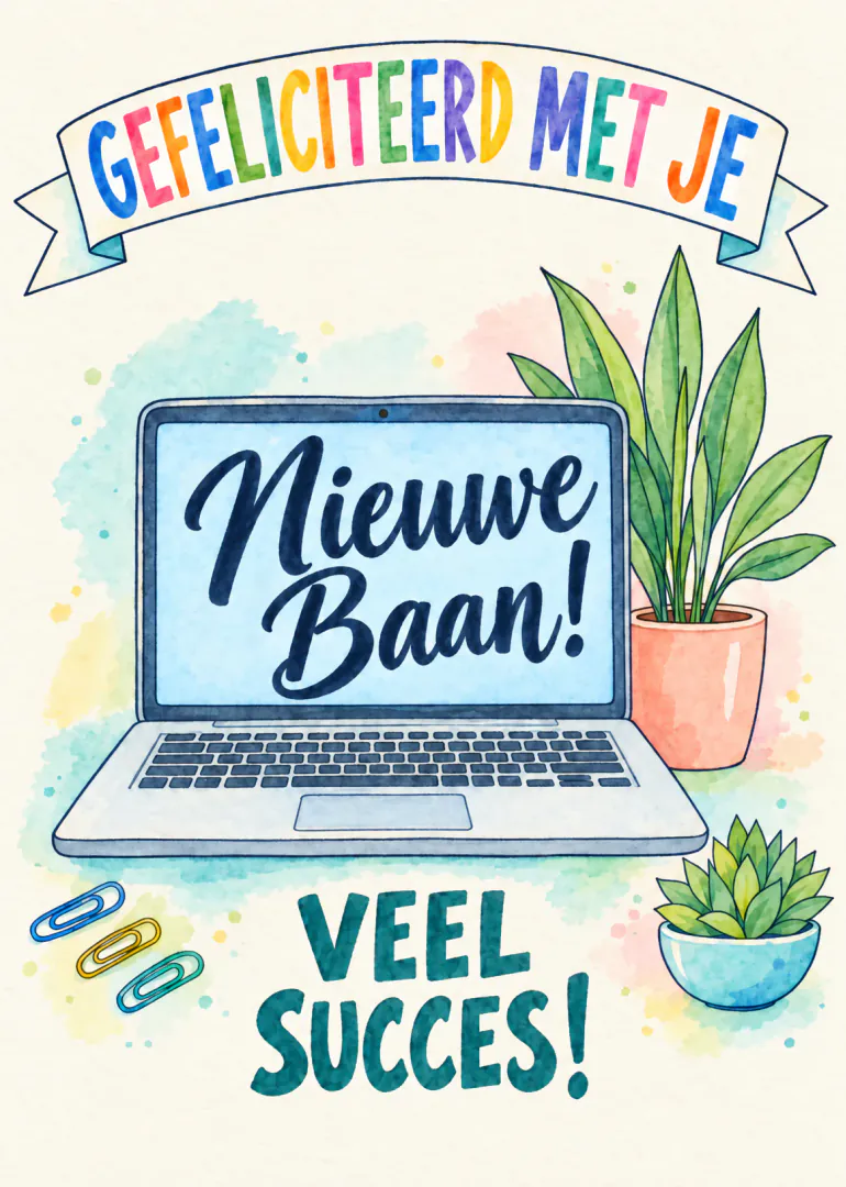 Illustratieve kaart met laptop, kamerplanten en de tekst ‘Gefeliciteerd met je Nieuwe Baan! Veel Succes!’