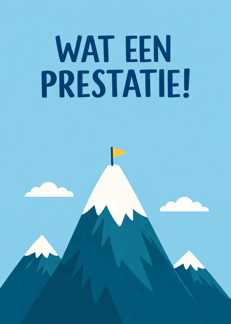 Lichtblauwe kaart met de tekst ‘WAT EEN PRESTATIE!’, besneeuwde bergen en een gele vlag op de hoogste top.