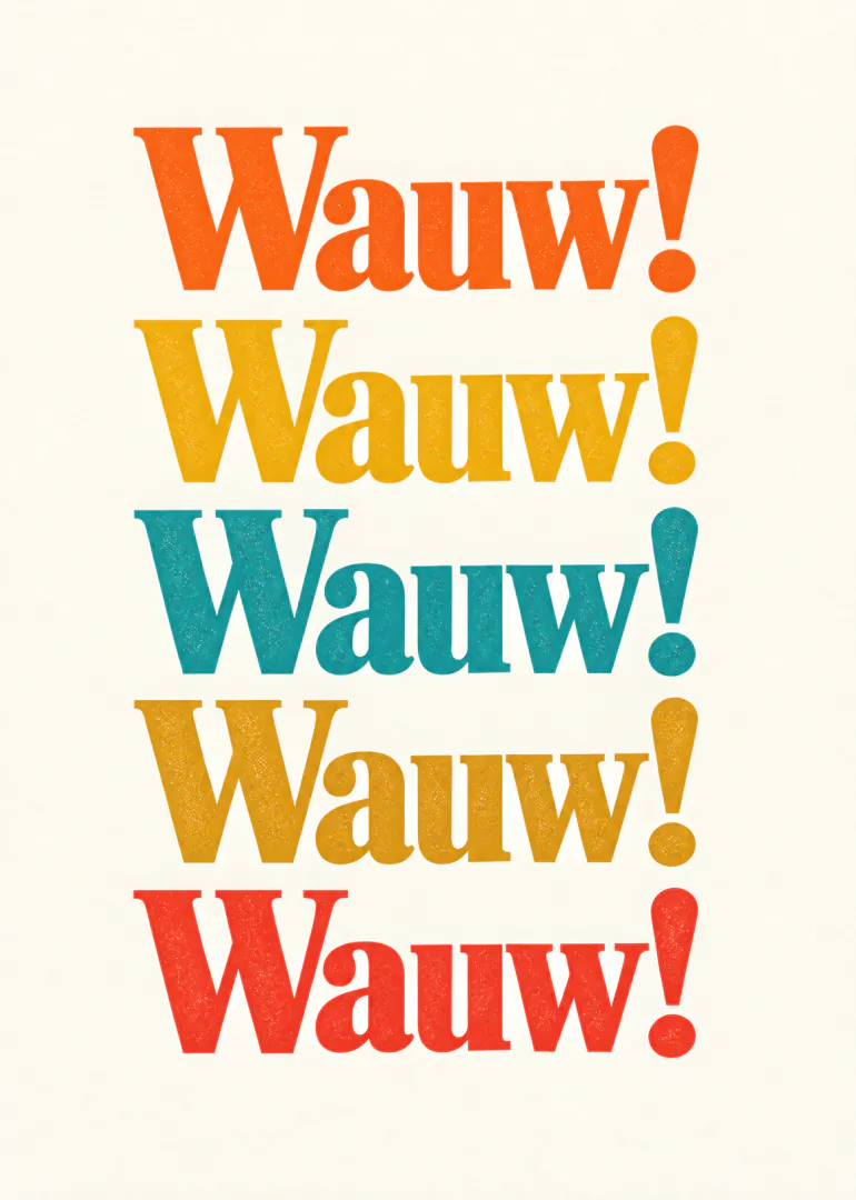 Crèmekleurige kaart met vijf keer het woord “Wauw!” in grote, kleurrijke retroletters.
