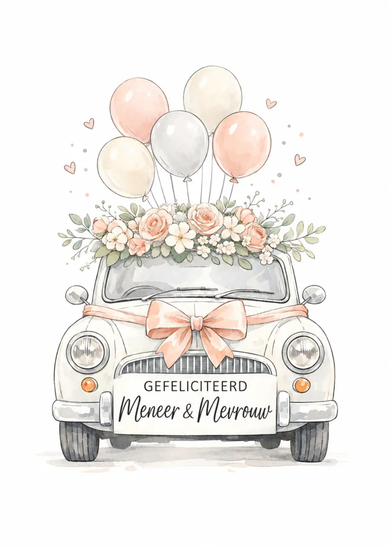 Waterverfillustratie van een klassieke witte auto met bloemen, ballonnen en de tekst ‘GEFELICITEERD Meneer & Mevrouw’.