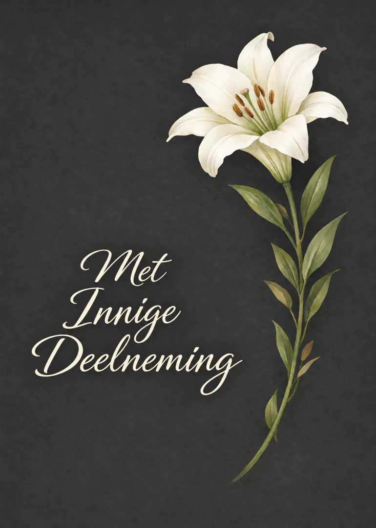 Donkere rouwkaart met een witte lelie en de tekst ‘Met Innige Deelneming’.