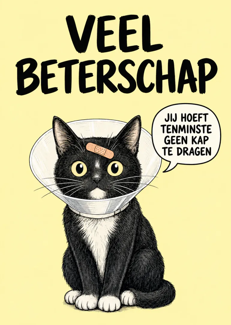 Gele kaart met een zwarte kat met pleister en beschermkraag, naast de tekst Veel beterschap.