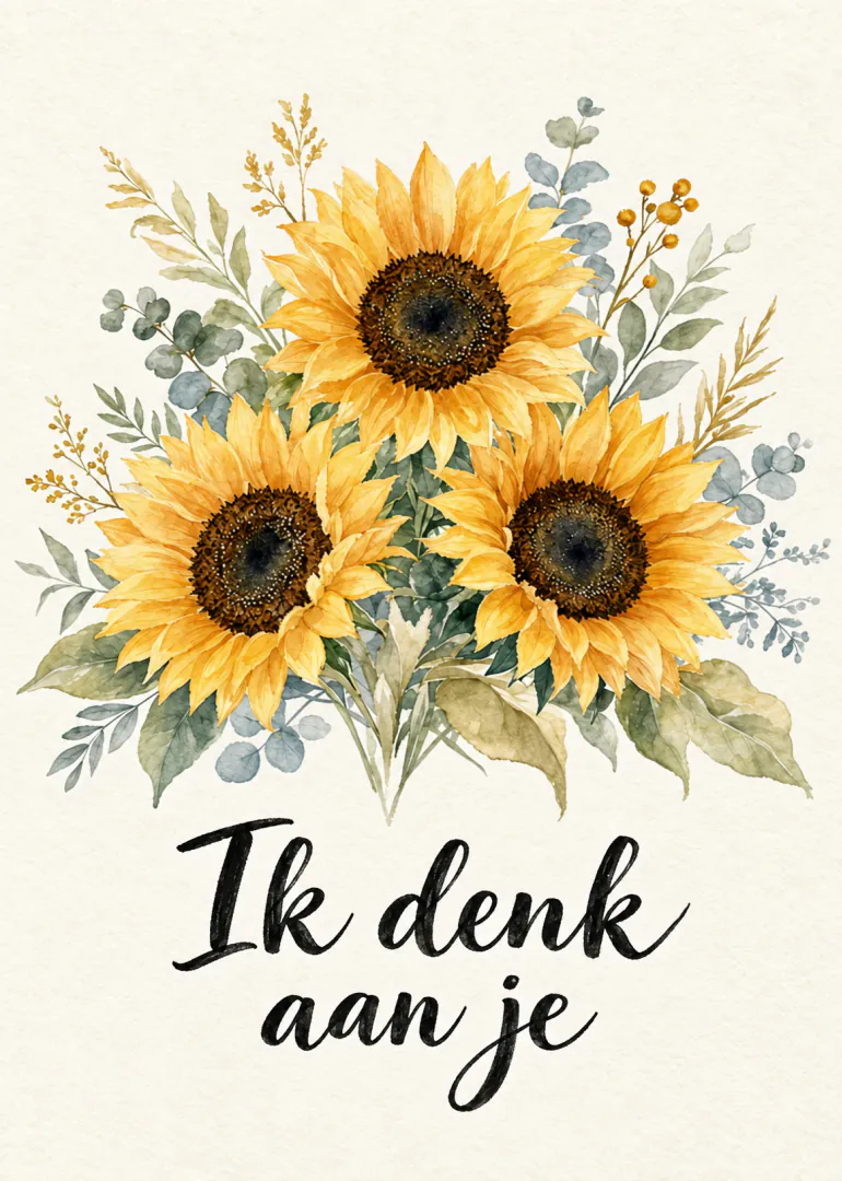 Witte kaart met drie gele zonnebloemen, groen blad en de tekst ‘Ik denk aan je’.
