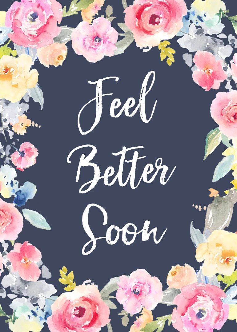 Watercolor flowers frame the words Feel Better Soon on a navy background greeting card design.