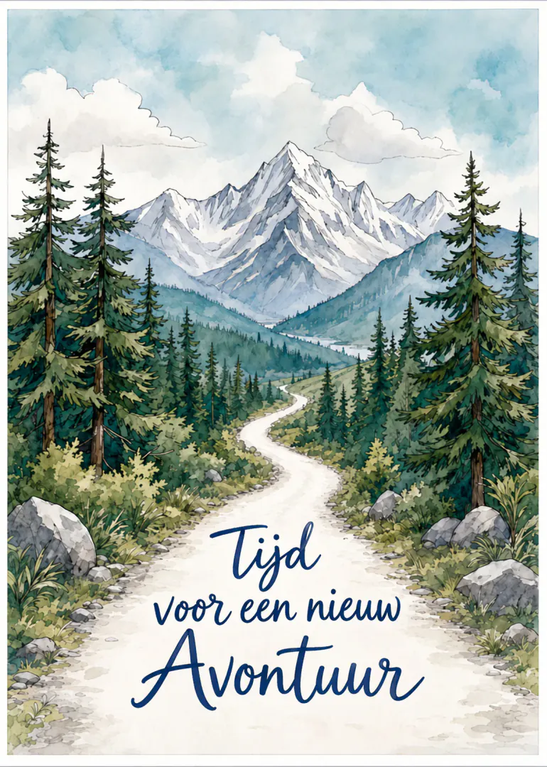 Aquarelillustratie van een bergpad door een dennenbos met de tekst Tijd voor een nieuw Avontuur.