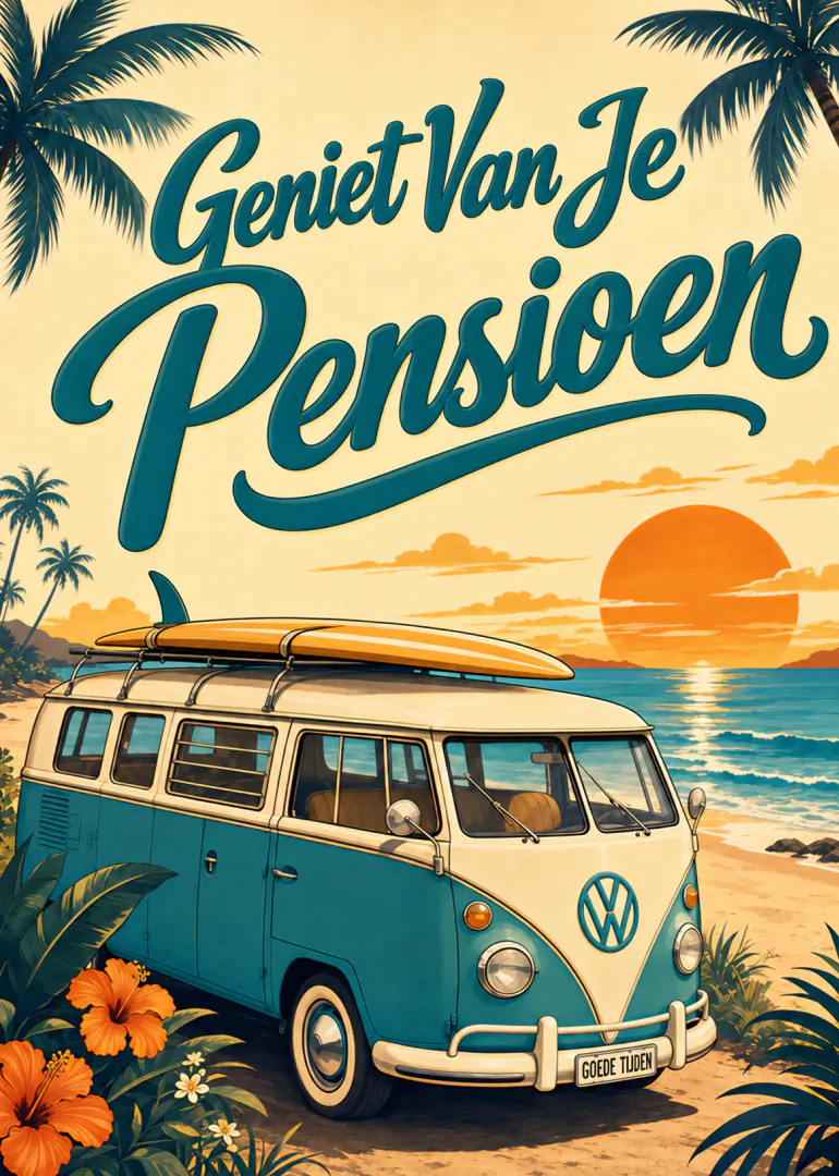Retro Volkswagenbus met surfplank op een tropisch strand bij zonsondergang en de tekst ‘Geniet Van Je Pensioen’.