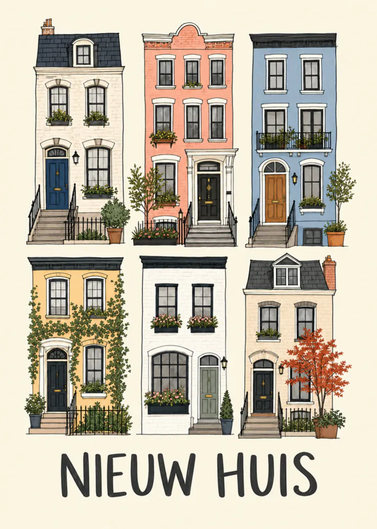 Illustratie van zes herenhuizen met de tekst ‘NIEUW HUIS’.