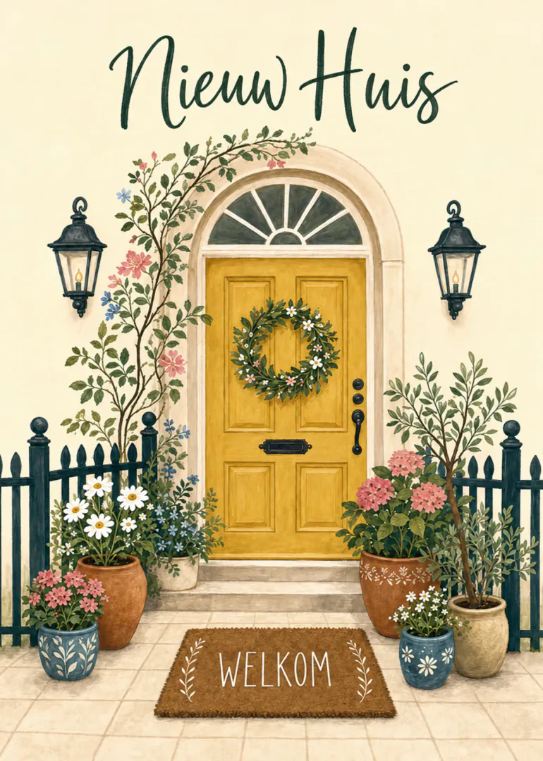 Illustratie van een gele voordeur met bloemen, planten en de tekst ‘Nieuw Huis’.