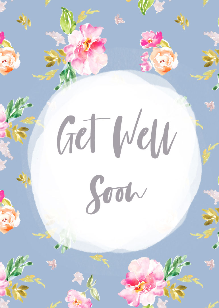 Blue floral get well soon card with pink flowers and elegant handwritten text