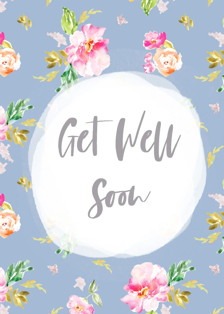 Watercolor flowers on blue background with Get Well Soon in a soft white circle center.