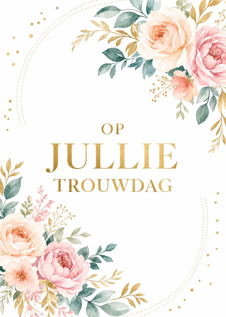 Witte kaart met roze bloemen, groene bladeren en gouden tekst: Op jullie trouwdag.