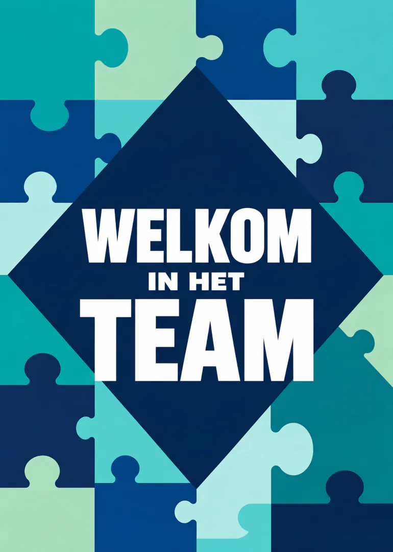 Grafische kaart met blauwe en turquoise puzzelstukken en de tekst ‘WELKOM IN HET TEAM’.