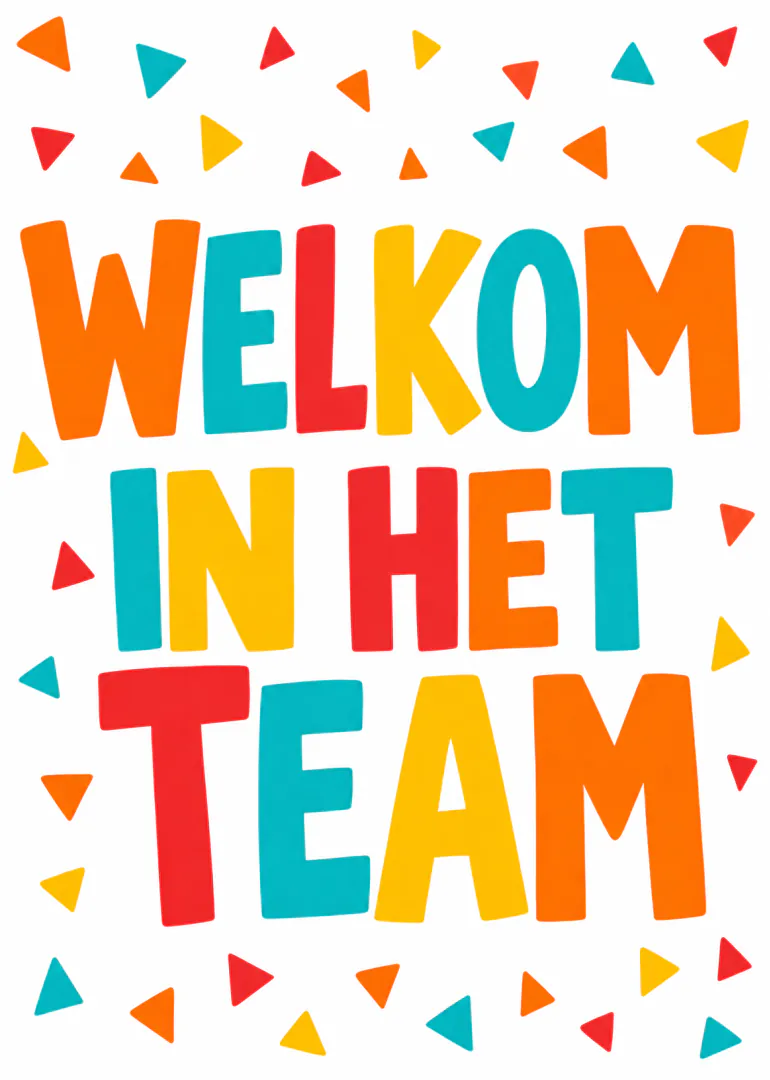 Witte kaart met grote kleurrijke tekst 'WELCOME IN HET TEAM' en confetti.