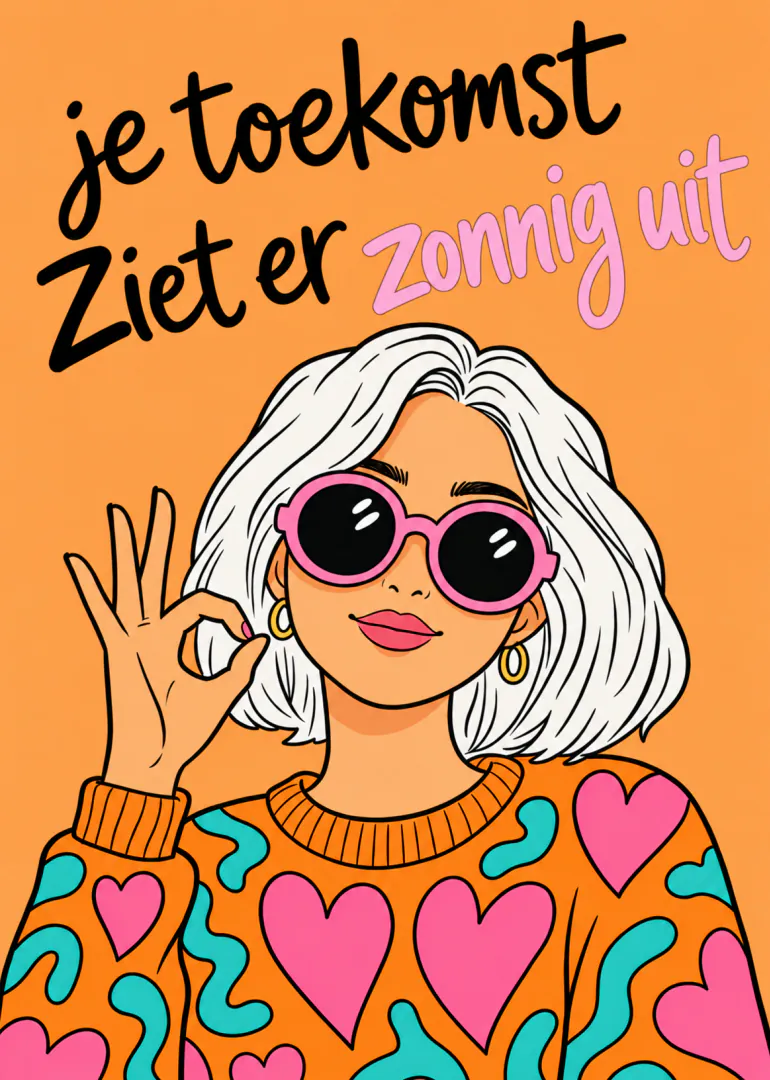 Oranje kaart met illustratie van een vrouw met roze zonnebril en de tekst: je toekomst Ziet er zonnig uit.