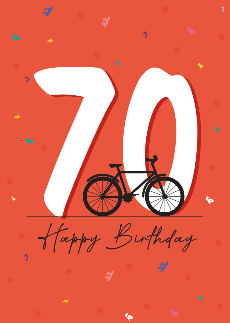 Red birthday card with large white 70, black bicycle, and colorful confetti