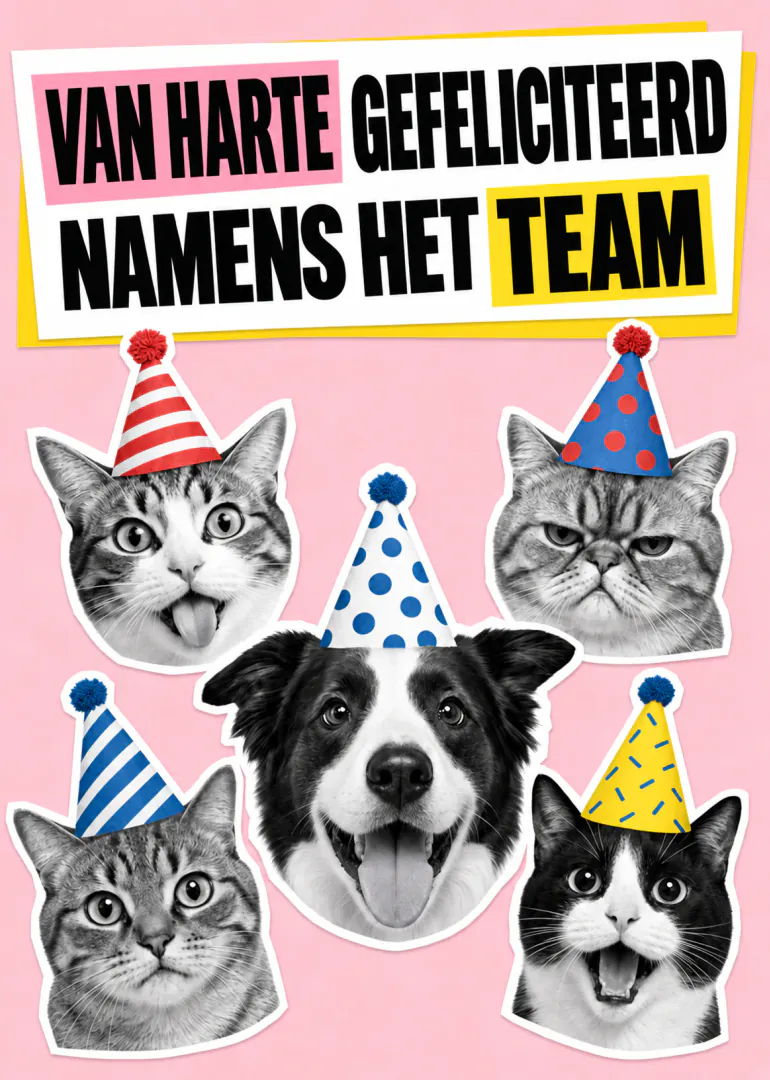 Roze felicitatiekaart met vijf dierenkoppen in feesthoedjes en de tekst ‘VAN HARTE GEFELICITEERD NAMENS HET TEAM’.