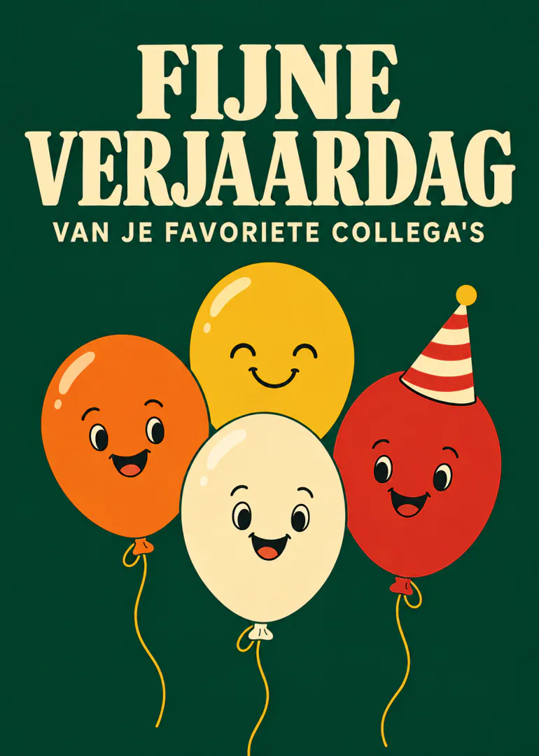 Donkergroene verjaardagskaart voor een collega met vier lachende ballonnen en een feesthoedje.